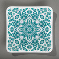 Sandcarved aquamarine and white glass flower mandala plate.