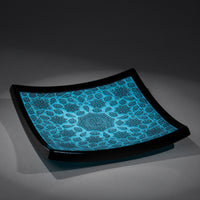 Black and cyan glass flower mandala platter.