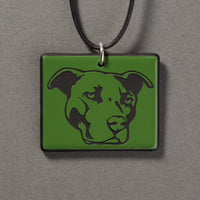 Sandcarved green and black glass pit bull pendant.