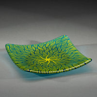 Sandcarved lime green and light turquoise glass sun swimmer plate.