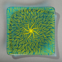 Sandcarved lime green and light turquoise glass sun swimmer plate.