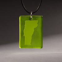 Sandcarved lime green and green transparent glass vermont pendant.